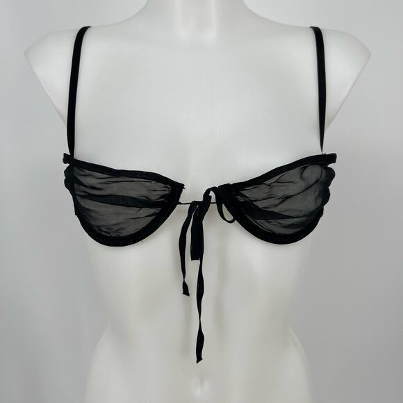 Skims Silk Balconette Romance Bralette Bra 34C NEW Onyx Black Sheer Tie Front - Picture 1 of 11